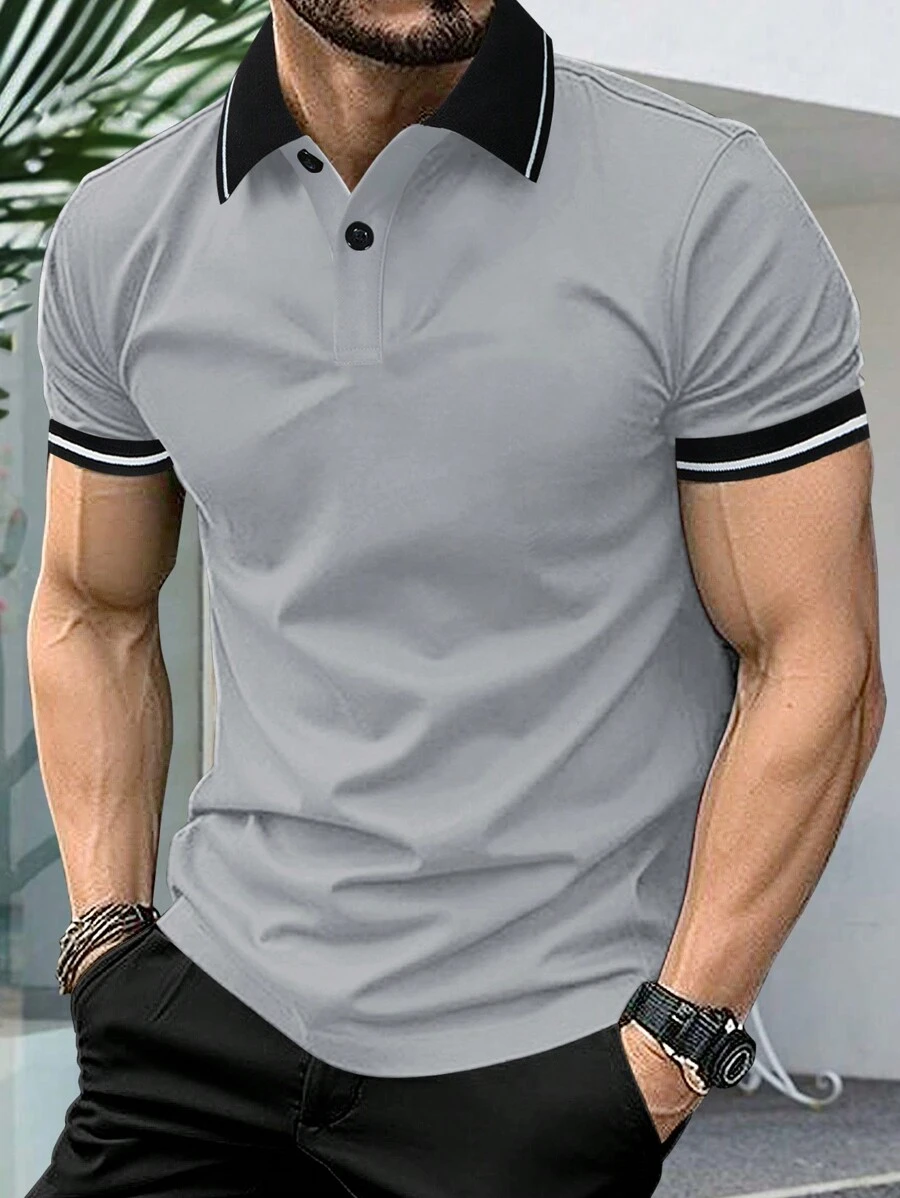 Manfinity Homme Men Summer Casual Striped Trim Patchwork Short Sleeve Polo Shirt, Formal - Light Grey - View 1
