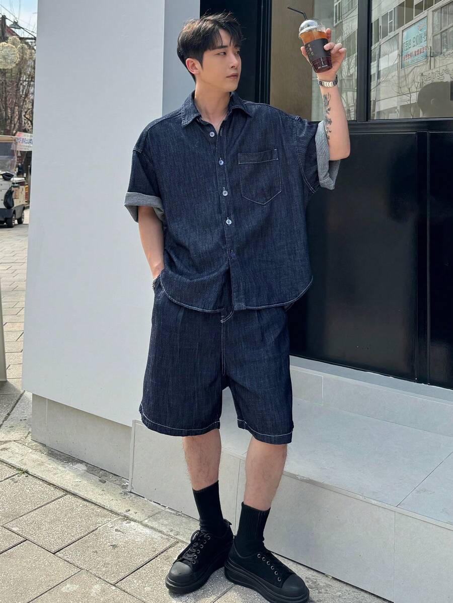DAZY Áo Sơ Mi Và Quần Short Denim Màu Trơn Mùa Hè Cho Nam Trở Lại Trường Học - Màu xanh lam - Xem 1