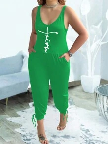 SHEIN LUNE 大碼女士夏季字母印花連身褲，配有口袋和肩帶，休閒風格 - 綠色 - 查看 3