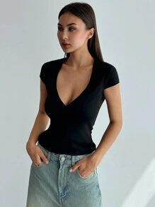 Aloruh 簡約優雅的年輕女性緊身短袖深V領T卹，適合外出穿著 - 黑色 - 查看 6