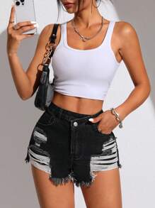 SHEIN PETITE Women's Asymmetrical Frayed Edge Fashion Denim Shorts, Summer