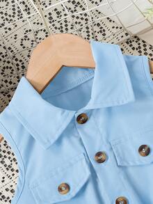 SHEIN Vestido elegante con cuello de camisa y línea A de unicolor sin mangas para niñas jóvenes con cinturón de cintura plisado y boina, adecuado para fiestas y vacaciones, verano - Azul - Ver 3