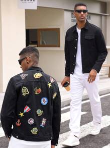 Manfinity Homme Men's Floral Embroidery Single-Breasted Casual Long Sleeve Denim Jacket - Black - View 1