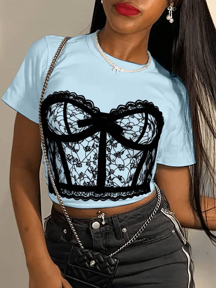 INAWLY Camiseta casual para mujer de manga corta, con cuello redondo, estampada, sin tirantes y de encaje - Celeste - Ver 1