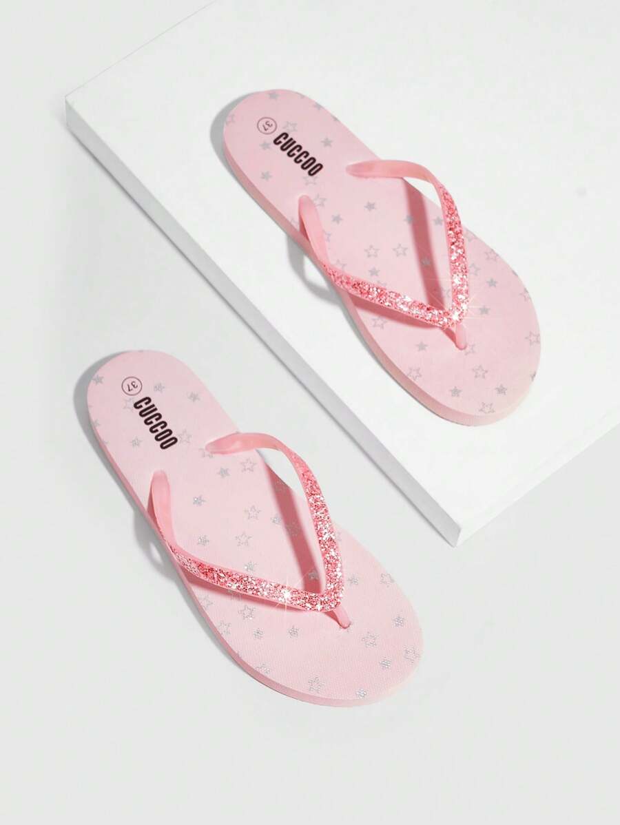 Grefit Star Printed Flat Home & Beach Flip Flops Spring Shoes Spring Break Easter For Casual Beach Style For Christmas Beach Outfit - Baby Pink - View 1