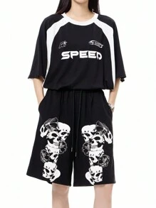 SHEIN Coolane Cool And Edgy Ladies' Skull Printed 5-Pocket Shorts - Black - View 1