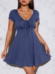 SHEIN PETITE Rau diếp Viền dây rút Nút thắt phía trước Trang phục phụ nữ mùa hè Váy đen - Màu xanh hải quân - Xem 5