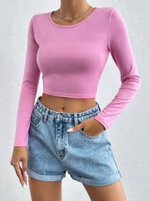 SHEIN PETITE Solid Cut Out Tie Back Crop Tee - Pink - View 5