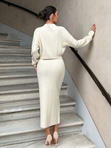 EURMUSE Conjunto de roupas de malha feminina - Branco - Visão 2