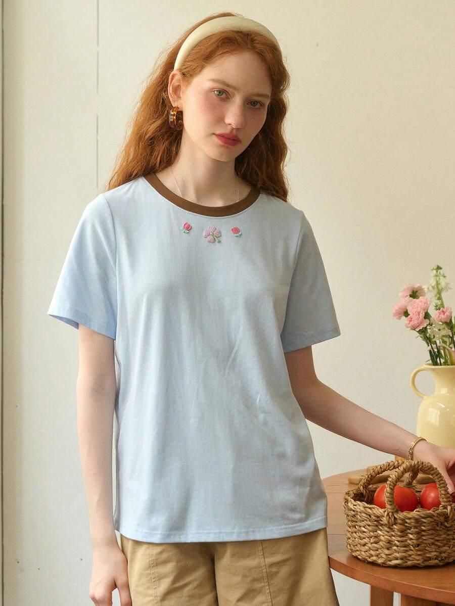 Simple Retro Camiseta informal de cuello redondo personalizada con parche bordado para mujeres - Azul - View 1