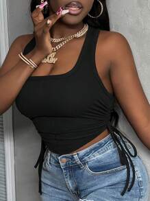 Slaydiva 音樂節性感派對簡約無肩帶劈叉修身迷你針織純色連衣裙，帶後繫帶 - Z - 黑色 - 查看 4