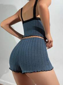 SHEIN 女士蕾丝边吊带上衣和蝴蝶结装饰短裤睡衣套装休闲套装 - 霧霾藍 - 查看 2