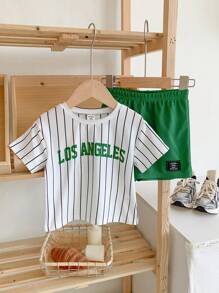 Baby Boy/Girl Summer Letter Print Striped Short Sleeve Top & Elastic Waist Shorts Set, Suitable For Daily Wear, Going To School, Traveling, And Sports In Spring/Summer