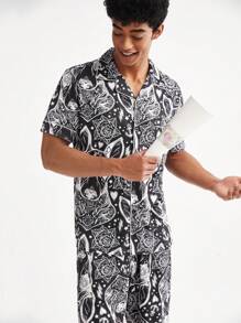 Set di camicia a manica corta e pantaloncini a stampa completa per uomo per abbigliamento casalingo in estate - Multicolore - Visualizzare 4