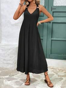 SHEIN Frenchy Summer Beach V Neck Dress Wooden Hoop Embellished Shoulder Strap Textured Flowy Fabric Beach Summer Dress Pastel Dress Dress Summer Dress Long Beach Dress Beach Women Dresses Linen Dress Chic Black Vacation Casual - Black - View 3
