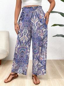 大尺碼女士復古風格印花簡約日常褲 - 藍色 - 查看 1