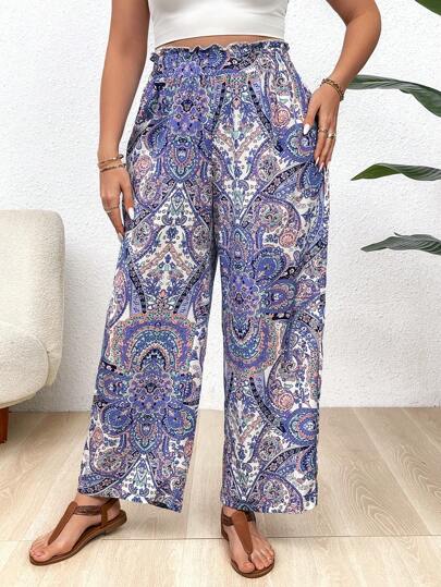 大尺碼女士復古風格印花簡約日常褲