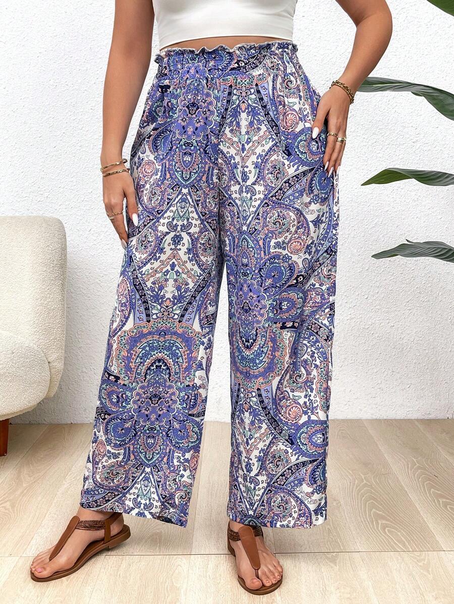 大尺碼女士復古風格印花簡約日常褲 - 藍色 - 查看 1