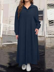 SHEIN LUNE 大尺碼女士純色Polo領落肩長袖寬鬆休閒直筒裙，春夏款 - 藏蓝色 - 查看 5