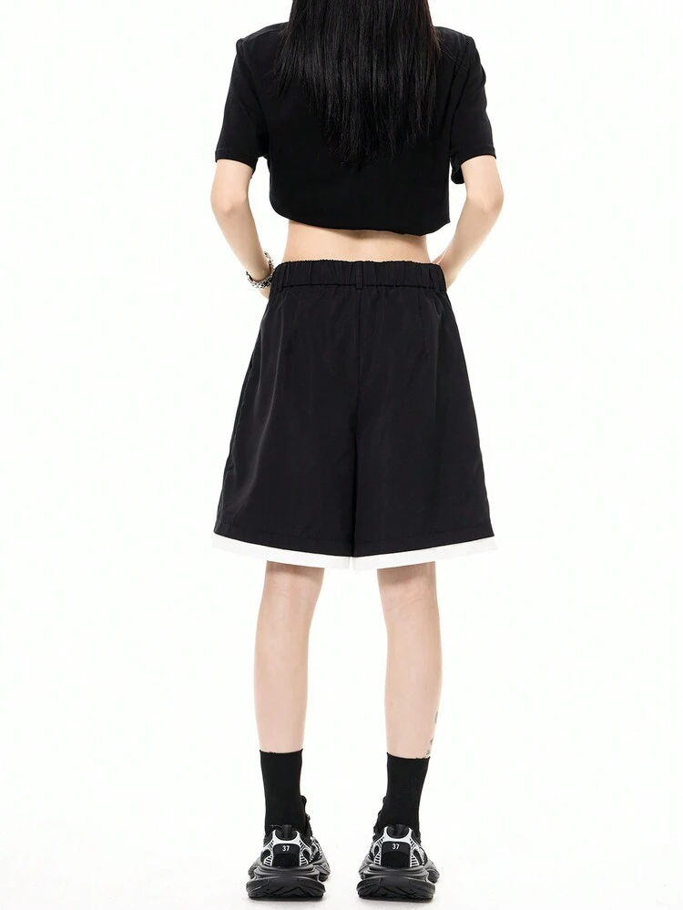 Black Street Style Colorblock A-Line Shorts, Women's Blazer Material