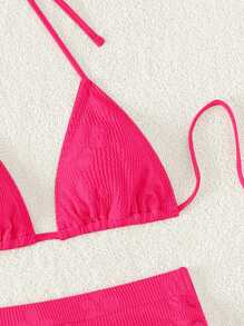 Swim Mod Summer Beach Halter Triangle Bikini Set - Hot Pink - View 4
