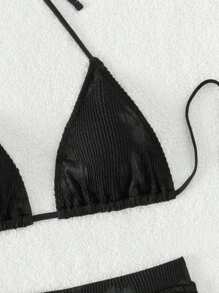 Swim Mod Summer Beach Halter Triangle Bikini Set - Black - View 3