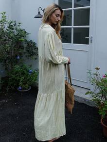 Summer Bohemian Drop-Shoulder Oversized Loose Shirt Dress Front Button Dress - Lime Green - View 3