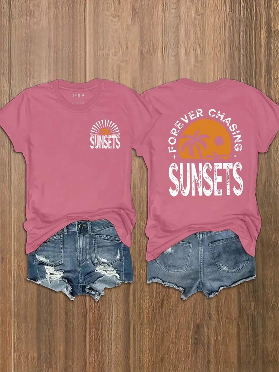 INAWLY Áo thun nữ tay ngắn cổ tròn in chữ và cây cọ mùa hè FOREVER CHASING SUNSETS Áo thun họa tiết dành cho nữ - Màu đỏ tím - Xem 1