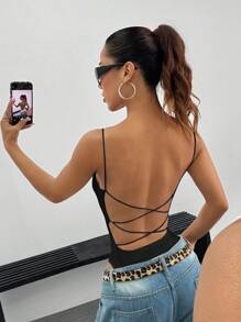 SHEIN EZwear Solid Color Simple Backless Fashion Summer Bodysuit - Black - View 6