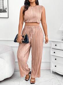 SHEIN Unity Bộ đồ hai mảnh không tay màu trơn cổ tròn thường ngày cỡ lớn và quần dài - Màu be - Xem 3
