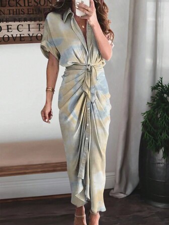 Almamuse Vestido largo con mangas cortas para mujer con estampado de teñido anudado, manga murciélago, fruncido, botones y ajustado, atuendo de otoño para maestras