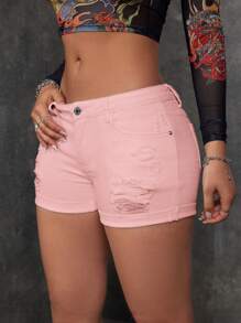 SHEIN EZwear Quần short denim thường ngày dành cho nữ với chi tiết rách và viền cuộn - Hồng - Xem 4