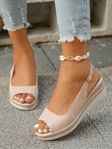 Nuevas sandalias de plataforma con tacón de cuña dorado de moda para mujer, color rosa abierto en la punta para madres de mediana edad