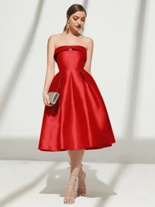 SHEIN Belle Ladies' Solid Color Simple Daily Strapless Formal Dress, Wedding Guest Dress Party Dress Prom Dress - Red - View 1
