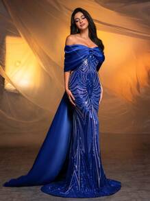 SHEIN Belle Vestido de Festa Longo Feminino de Sereia Bordado Cintilante, Decote Tomara que Caia com Laço, Cetim Elegante (Modelo Pesado), Para Formatura, Jantar, Casamentos e Eventos Formais - Azul Royal - Visão 3