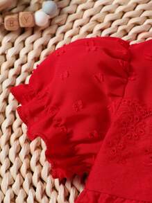 SHEIN 夏季女婴纯色圆领短泡泡袖连体衣，带帽子，圣诞节礼物 - 紅色 - 查看 3