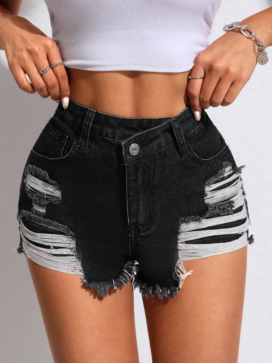 SHEIN PETITE Women's Asymmetrical Frayed Edge Fashion Denim Shorts, Summer