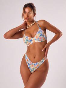 Musera Resort Watercolour Floral Print Shirred Underwire Bikini Top Only Summer Beach Resort Holiday Spring - Multicolor - View 6