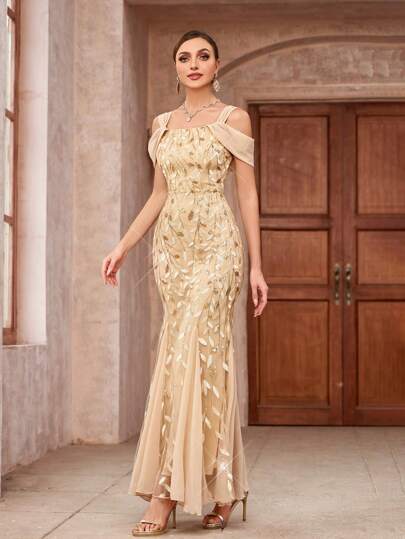 SHEIN Belle 及地美人鱼亮片重型正式派对礼服、婚纱、优雅礼服舞会晚会婚礼宾客礼服、毕业典礼、晚宴节日派对服装