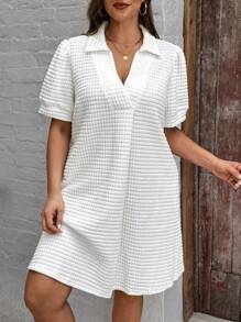 SHEIN LUNE Texture Weave Fabric V-Neck Puff Sleeve A-Line Dress With Pockets, Plus Size - White - View 2