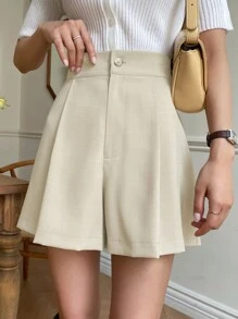 DAZY Quần short giả túi lưng cao màu trơn - Màu be - Xem 1