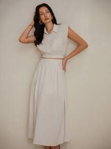 Aveloria Modichic 法式風格無袖撞色皮克衫領喇叭裙套裝，高腰A字裙 - 米色 - 查看 3