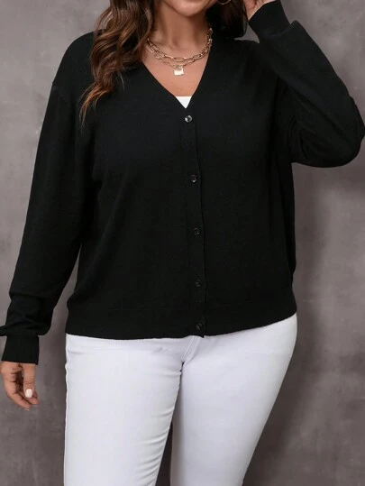 EMERY ROSE Plus Size Solid Color V-Neck Long Sleeve Cardigan Fall,Spring