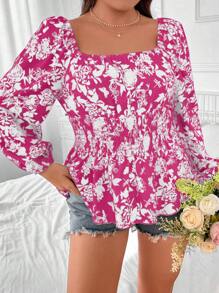 Celure Chemise décontractée à manches longues imprimée de fleurs et de grande taille avec encolure carrée pour l'été