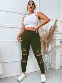 Flirla Plus Size Solid Color Ripped Leggings - Army Green - View 5