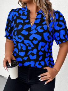 Plus Size Women's Elegant Leopard Printed V-Neck Short Puff Sleeve Summer Blouse