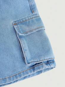 SHEIN Quần short denim xanh dáng suông cạp chun thời kỳ Y2K dành cho bé gái, có túi lớn, thích hợp cho kỳ nghỉ hè. - Rửa nhẹ - Xem 4