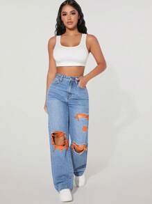 SHEIN PETITE Jeans casuales de pierna recta con agujeros y bolsillos