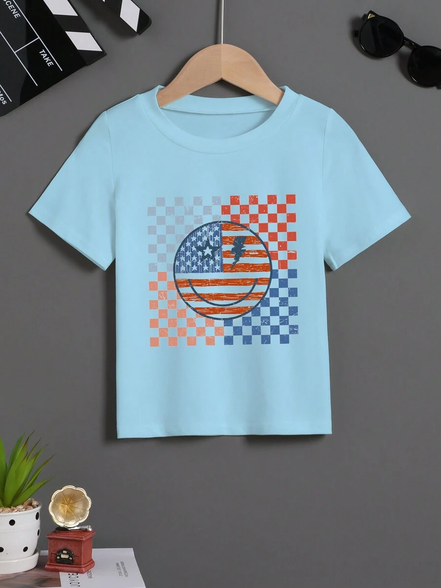 Young Boys' Round Neck Grid Printed Short Sleeve T-Shirt For Summer - Blue - View 1