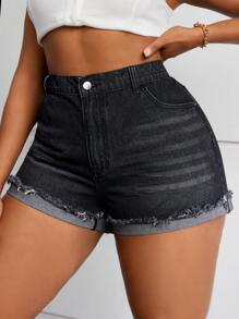 SHEIN SXY Plus Size Solid Color Denim Shorts With Pocket And Fringe Hem, Summer - Black - View 6